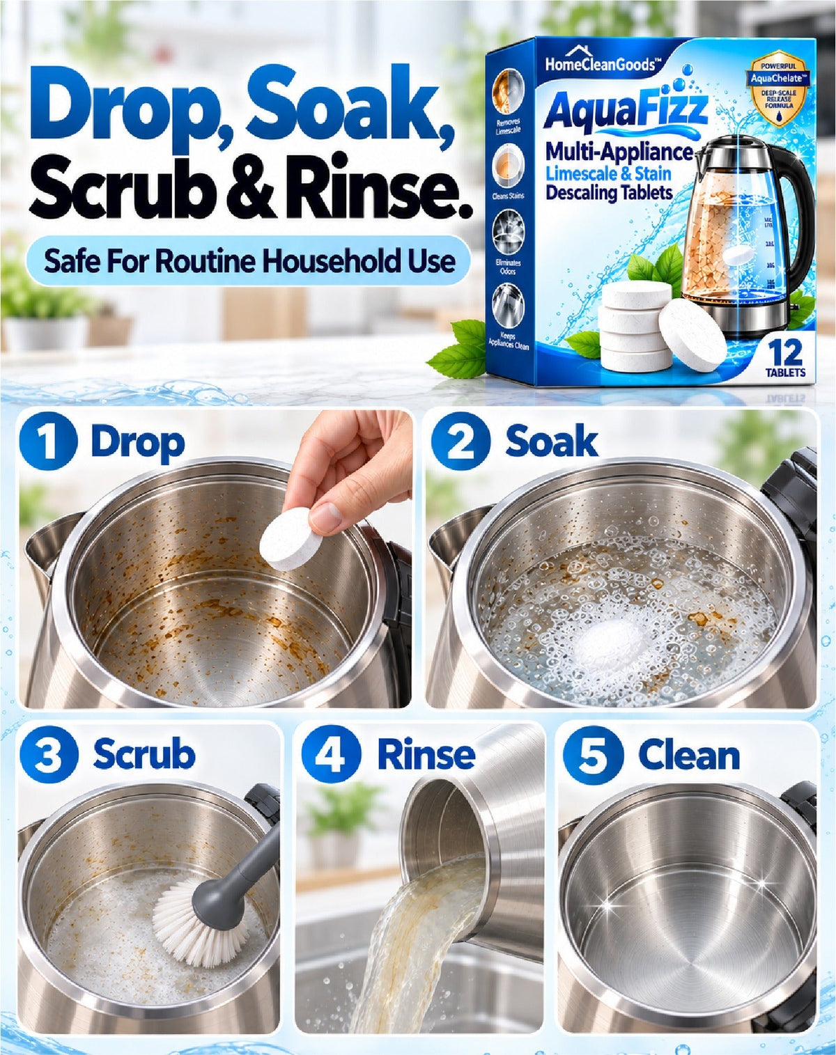 HomeCleanGoods™ AquaFizz Multi-Appliance Limescale & Stain Descaling Tablets