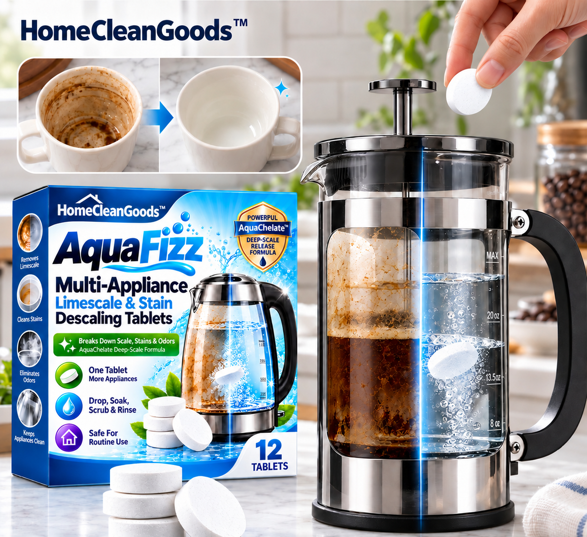 HomeCleanGoods™ AquaFizz Multi-Appliance Limescale & Stain Descaling Tablets