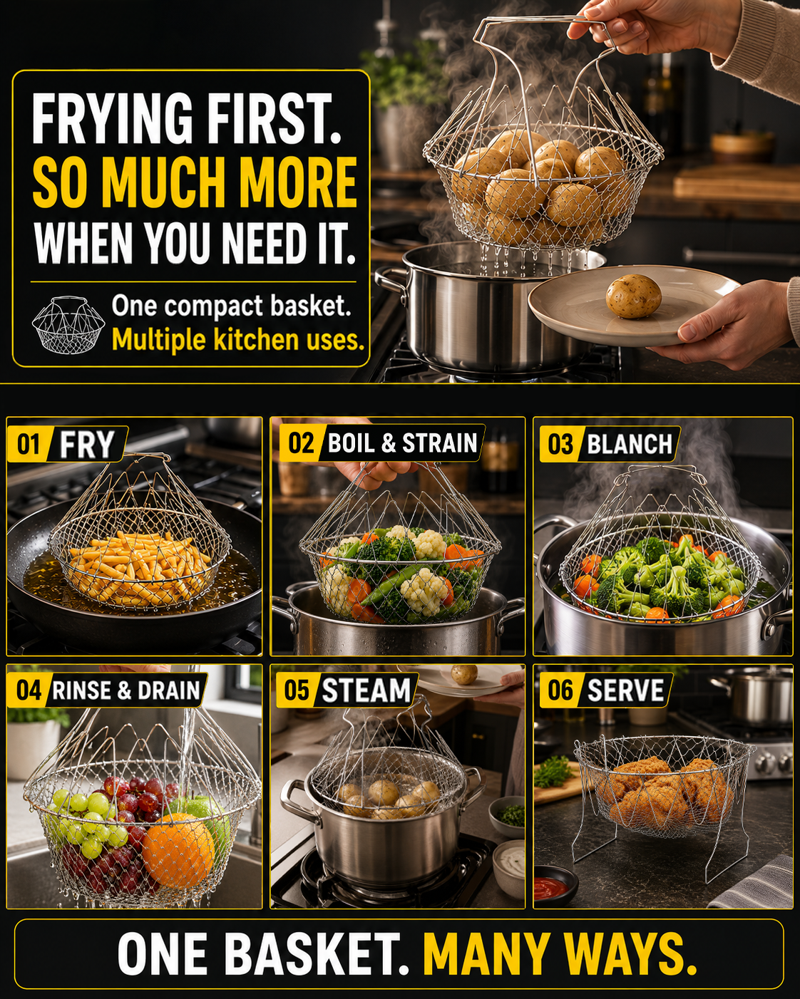 HomeCleanGoods™ FlexiCook Multi-Use Collapsible Fry & Strain Basket