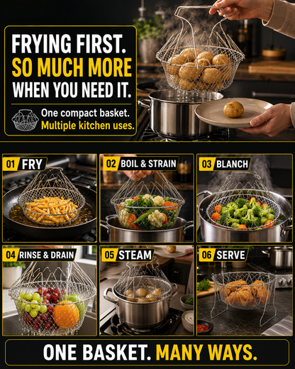 HomeCleanGoods™ FlexiCook Multi-Use Collapsible Fry & Strain Basket