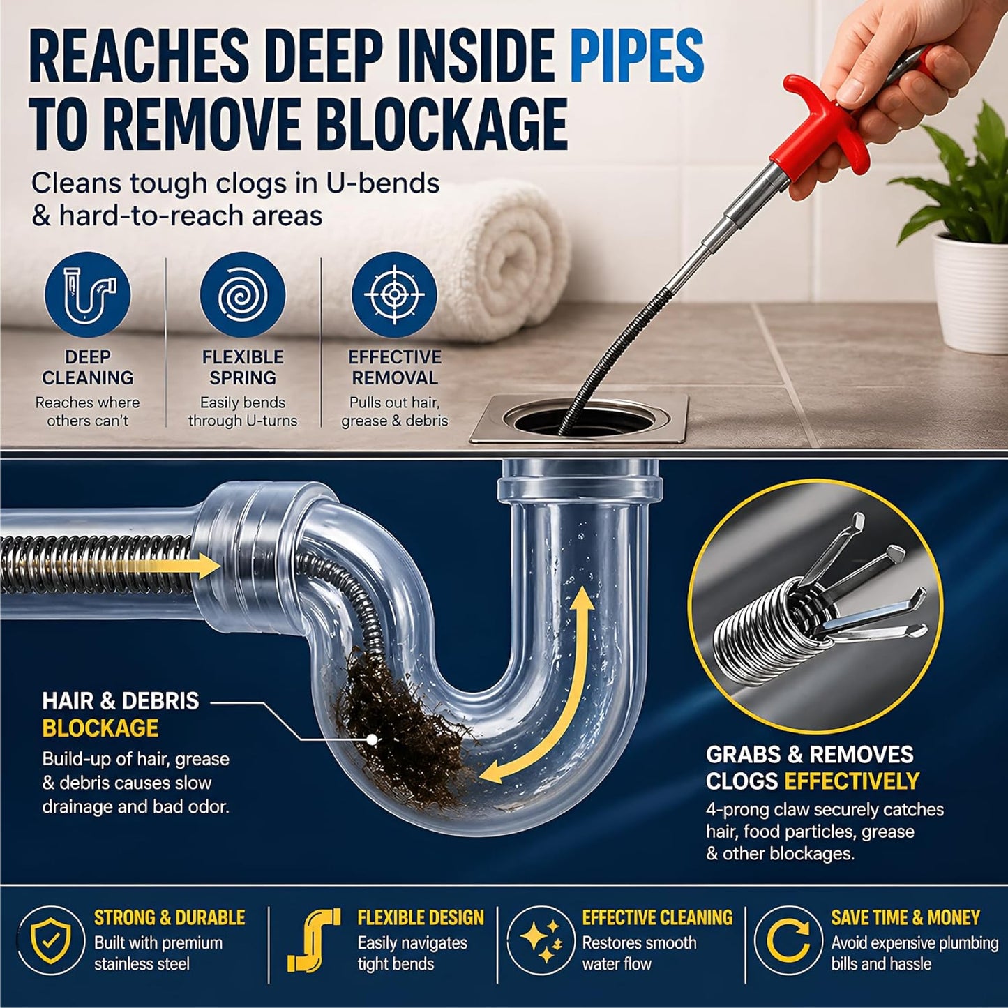 HomeCleanGoods™ ProGrab 4-Prong Drain Claw Tool