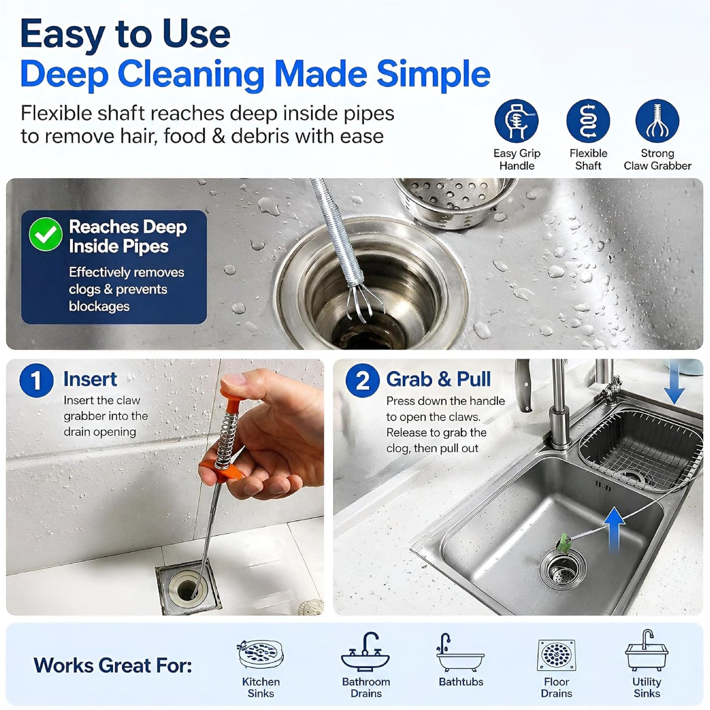 HomeCleanGoods™ ProGrab 4-Prong Drain Claw Tool